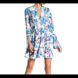 Free People Blue Purple Floral Tegan Bell Sleeve M 8 Boho Flare Dress